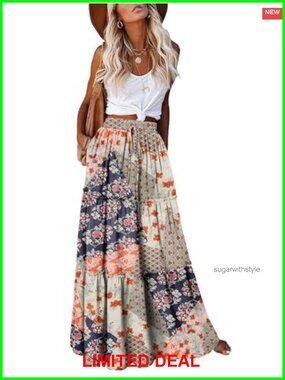 Women's Boho Tiered Maxi Skirt High Elastic Waist Flowy Long Skirt